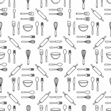 Minimal Kitchen Utensils Seamless Pattern with Black Outline Line Art