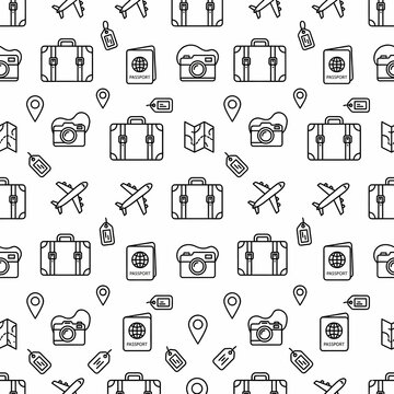 Minimal Travel and Vacation Seamless Pattern with Thin Black Line Art