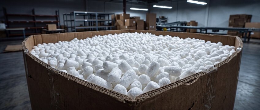Large cardboard box filled with white foam peanuts used for protective packaging in warehouse facility