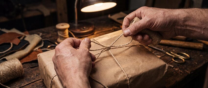 Man hands tying natural twine string around brown paper parcel package on rustic wooden table for shipping