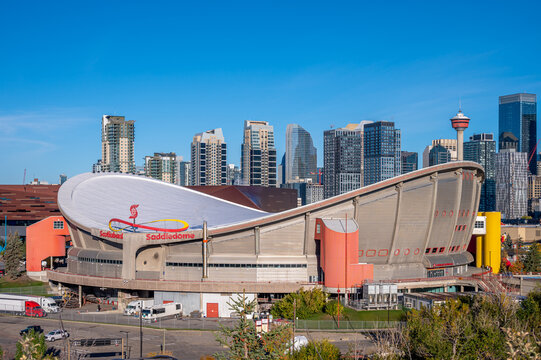 Calgary, Alberta - September 27, 2026: Panorama of the Calgary skyline showing the Scotiabank Saddledome.