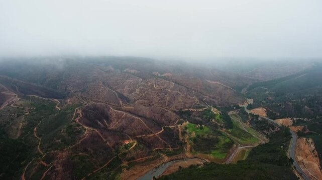 Devastating aerial perspective of a burnt forest landscape in monchique, portugal, showing the severe aftermath of wildfires and deforestation with scorched earth next to a river