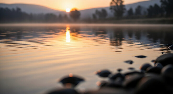 A serene morning sun rises gently over a calm lake casting golden reflections across the rippling water while dark stones rest peacefully along the shoreline during an early peaceful hour