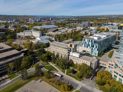 Aerial view of the University of Calgary campus in Calgary, Alberta.