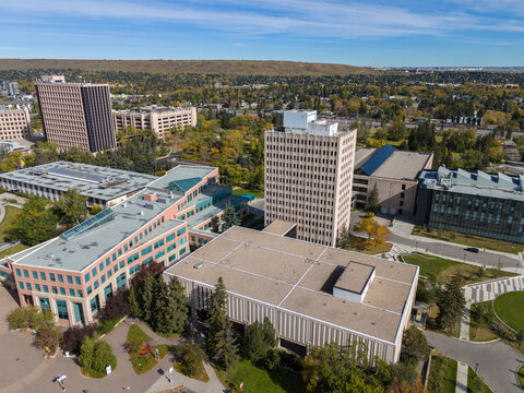 Aerial view of the University of Calgary campus in Calgary, Alberta.