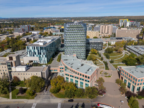Aerial view of the University of Calgary campus in Calgary, Alberta.