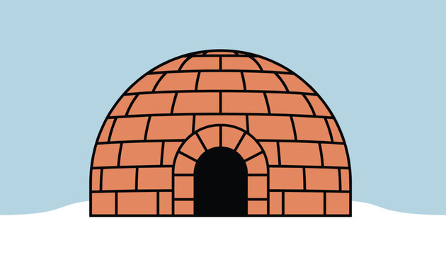 Traditional orange brick igloo shelter house sitting on a snowy ground landscape under a clear light blue sky.