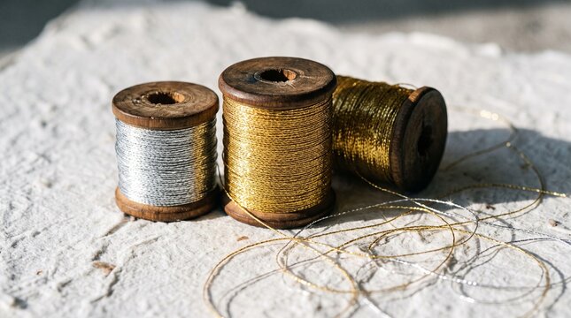 Vintage wooden spools with metallic gold and silver thread