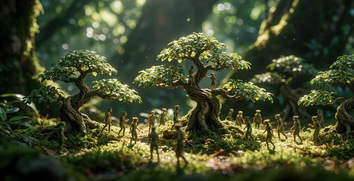Miniature people live among tiny bonsai trees in magical moss forest. Small dryad figures walk through green woodland landscape. Fantasy concept shows tiny human beings exploring micro world under