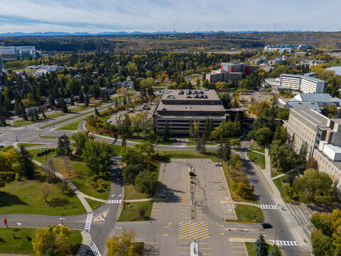 Aerial view of the University of Calgary campus in Calgary, Alberta.