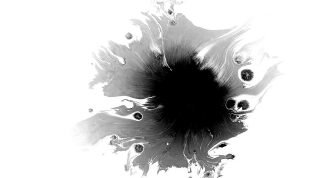 Deep black ink spreads on white, creating bold, textured visuals. Perfect for cinematic titles, transitions, or luma mattes in motion graphics and film projects with a dramatic, moody effect.