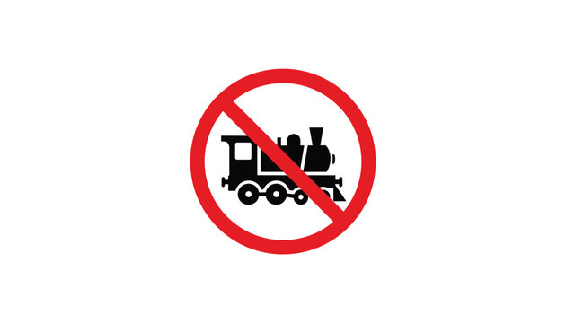 A red prohibition sign featuring a vintage steam locomotive train inside, representing a strict no trains railway safety rule.