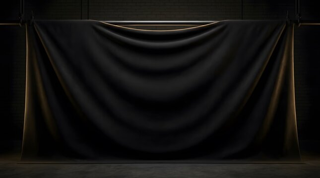 Black fabric backdrop hanging in a dark professional photography studio with cinematic lighting
