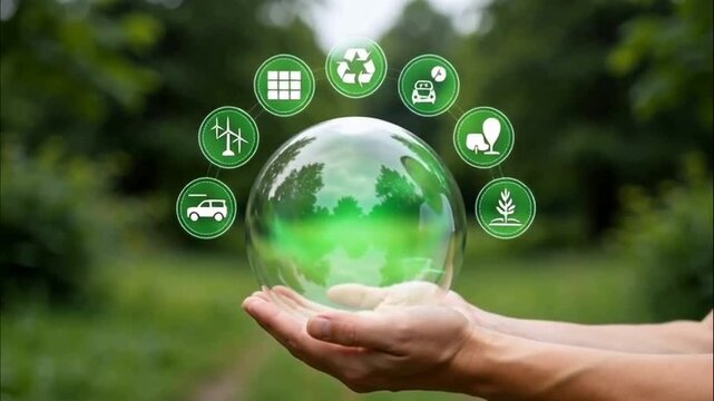 Hands Holding A Glass Sphere With Sustainable Environment Icons Representing Renewable Energy And Global Eco Friendly Solutions For A Greener Future