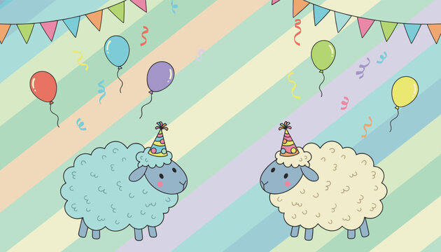 A festive party scene featuring two cute sheep wearing birthday hats surrounded by colorful balloons, confetti, and bunting banners.
