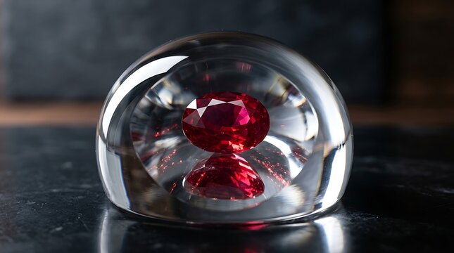 Oval cut ruby gemstone encased in a clear glass paperweight