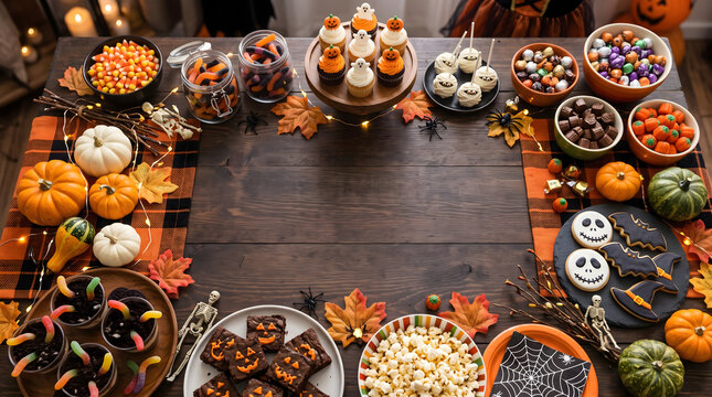 Delicious Halloween treats flat lay arrangement with empty wooden table center copy space framed by festive pumpkin cupcakes spooky ghost cake pops frosted cookies candy corn and fall gourds