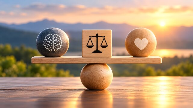 Wooden seesaw perfectly balancing stone brain and wooden heart around scales of justice against sunset landscape representing harmony between logic and emotion