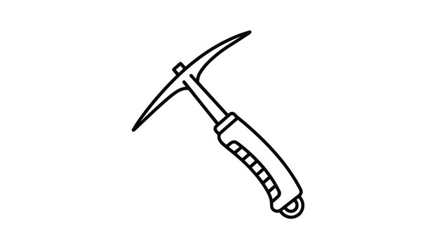 Black and white line art vector icon of a mountaineering ice axe with an ergonomic rubber handle and sharp pick.
