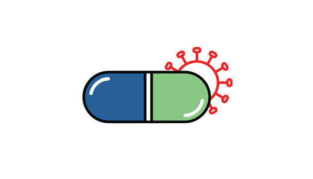 A medical pill capsule in blue and green being shielded from a red coronavirus cell in a modern healthcare vector design.