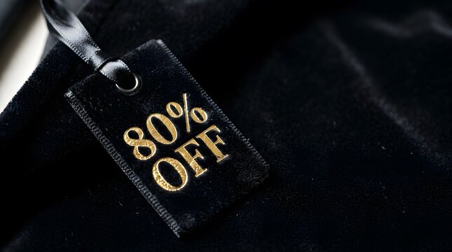 Black velvet price tag with 80 percent off gold text on luxury fabric
