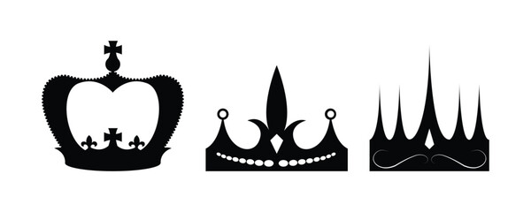 Royal crown vector icon set features black tiara and monarch diadem silhouettes with cross and fleur-de-lis details. © Designo
