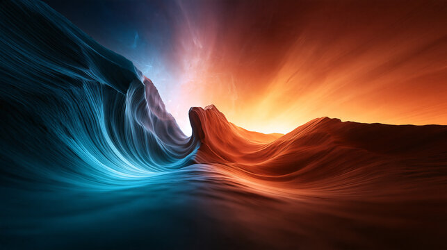 Abstract Duality Landscape with Fire and Ice Glowing Waves