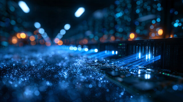 Futuristic Data Center with Glowing Fiber Optic Server Connections