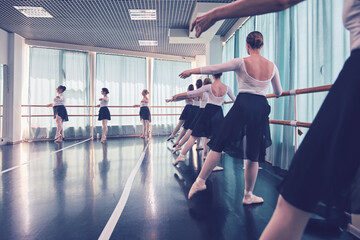 Female ballet dancers practice barre exercises in bright studio light © TRAVELARIUM