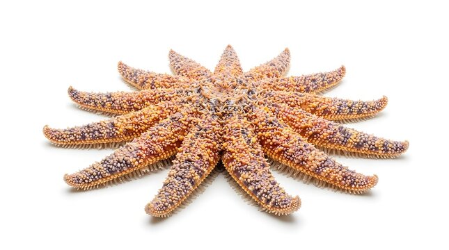 A detailed close-up studio shot of a multi-armed starfish with textured skin against a clean white background.