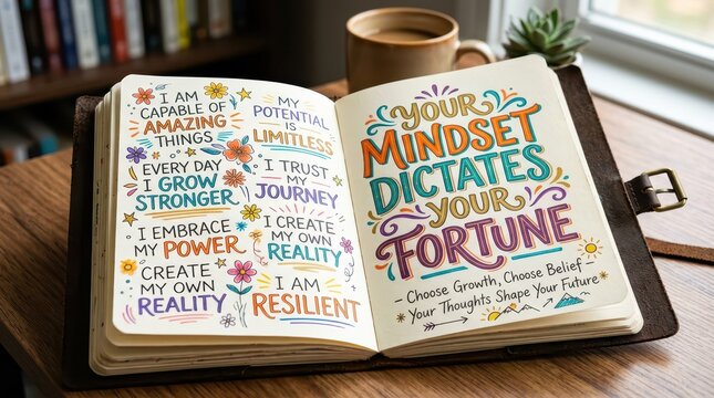 Inspirational Journal Open to Pages with Motivational Quotes and Hand-Lettered Affirmations