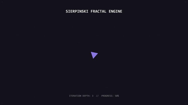 Animated Sierpinski fractal engine showing iterative geometric triangle generation with progress bar