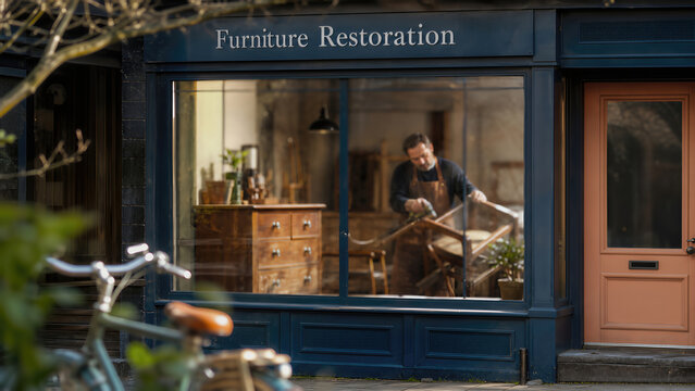 Male furniture restorer working on wooden chair inside a shop with large window displaying restoration tools and wooden furniture pieces in the background