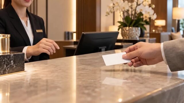 ホテルのフロントでスタッフからカードキーを受け取る手元の動画