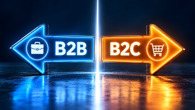 Glowing directional neon arrows displaying divergence between business to business and business to consumer market strategies on reflective surface