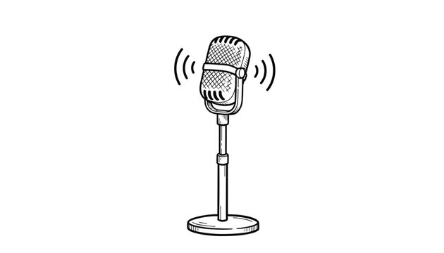 A vintage retro microphone on a stand with sound waves broadcasting, rendered in a sketch style on a white background.