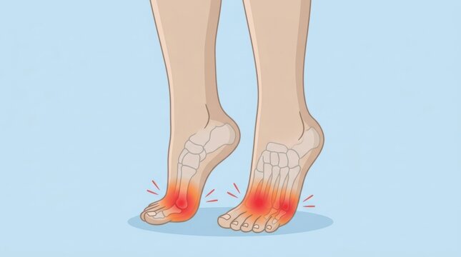 Medical illustration of human feet showing metatarsalgia pain and inflammation in the forefoot