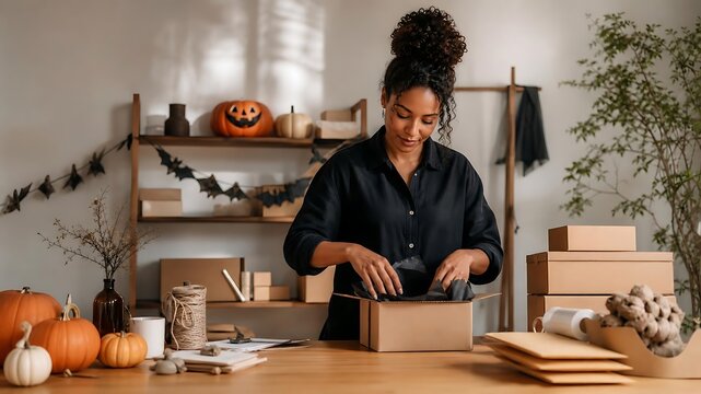 A young woman with curly hair packaging products in cardboard boxes in a home office decorated for Halloween, preparing shipments for her small business.
