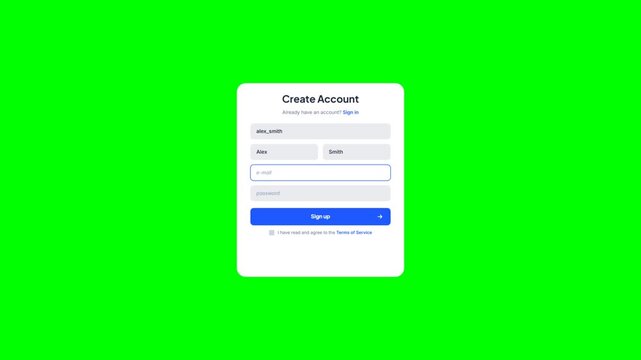 Web Registration Form Animation on Green Screen Background with Fields Being Filled and Submit Button Clicked