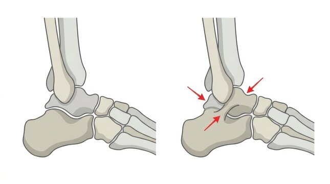 Medical illustration comparing normal human ankle anatomy with a tarsal coalition condition