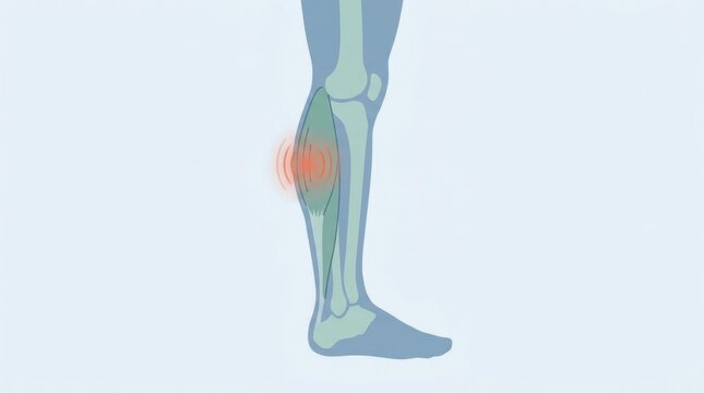 Medical illustration of a human calf muscle strain showing inflammation and localized leg pain