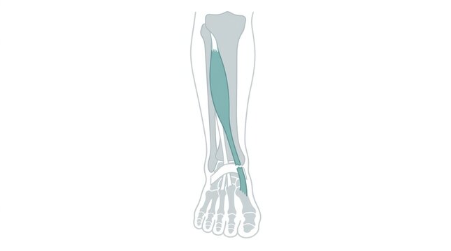 Anatomical illustration of the tibialis anterior muscle highlighted on a human lower leg model