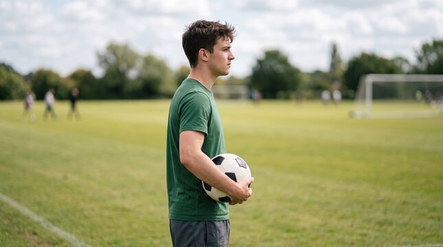 Young Man Holding Soccer Ball on Grassy Field