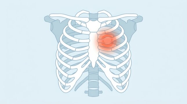 Medical illustration of a human rib cage with a highlighted area indicating localized chest pain
