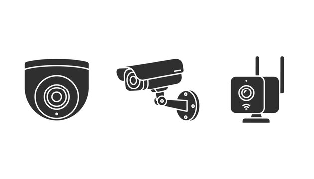 Set of black silhouette vector icons representing modern security surveillance cameras including dome, bullet, and smart Wi-Fi models.