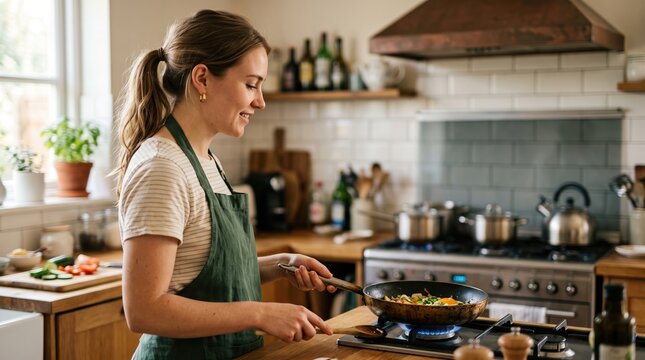 Joyful woman preparing healthy meal in kitchen