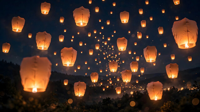 Glowing sky lanterns floating up into the dark night sky during Diwali