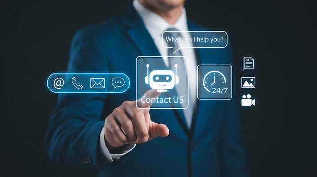Businessman interacting with digital customer service chatbot virtual screen icon