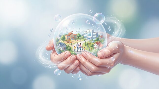Hands holding protective bubble with home school hospital depicting family safety and community.