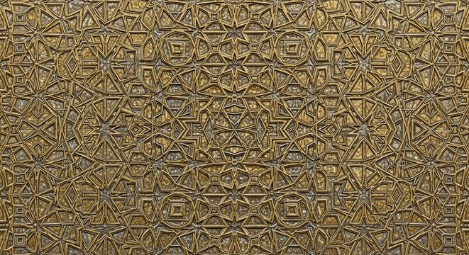 Ornate golden architectural relief featuring intricate traditional eastern geometrical carvings and rich metallic textures for luxury interior design projects and historical heritage restoration